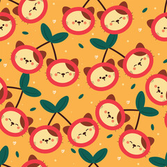 seamless pattern cartoon cat with cherry. cute animal wallpaper for textile, gift wrap paper