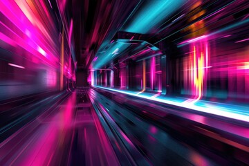 Fototapeta premium A long tunnel stretching into the distance, adorned with vibrant neon lights that cast an otherworldly glow, Fusion of neon and monochrome colors in an abstract, futuristic design, AI Generated