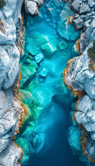 Turquoise River Flowing Through Snowy Cliffs in a Mountainous Region.Glacial meltwater river
