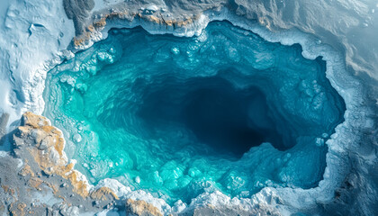 Aerial View of a Deep Blue Ice Hole in a Snowy Arctic Landscape. Lake in glacier. - obrazy, fototapety, plakaty