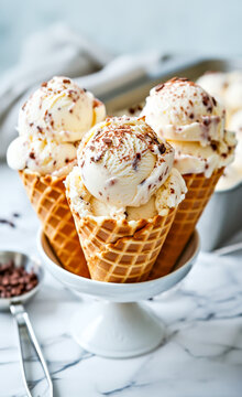 Vanilla Ice Cream Scoops with Chocolate Shavings in Waffle Cones