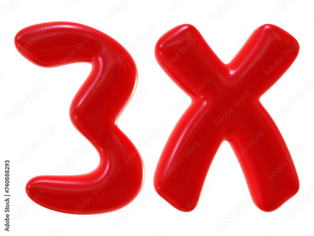 Poster 3x with red color isolated on transparent background. 3d number and letter icon for double and bonus