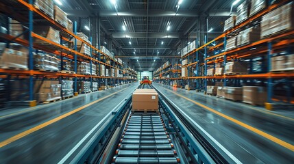 Fototapeta premium Warehouse interior with shelves, pallets, boxes and loader. Created with Generative AI
