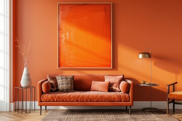 Modern living room with orange wall, sofa, floor lamp, side table, coffee cup, vase with branches.
