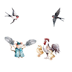Easter animals. Goose, rooster, chickens, mouse, flowers. Happy Easter watercolor illustration