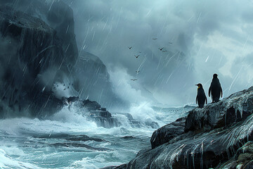 Macaroni penguins strut, dramatic cliffs looming over stormy seas.  - obrazy, fototapety, plakaty