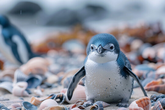 Little blue penguins parade, sandy beach dotted with colorful shells. 