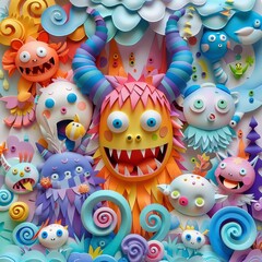 Fototapeta premium A vibrant and playful paper art display of whimsical monsters in a fantasy world, bursting with colors and imaginative designs.