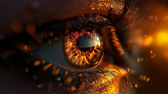 A close-up eye with a fiery pupil, a look