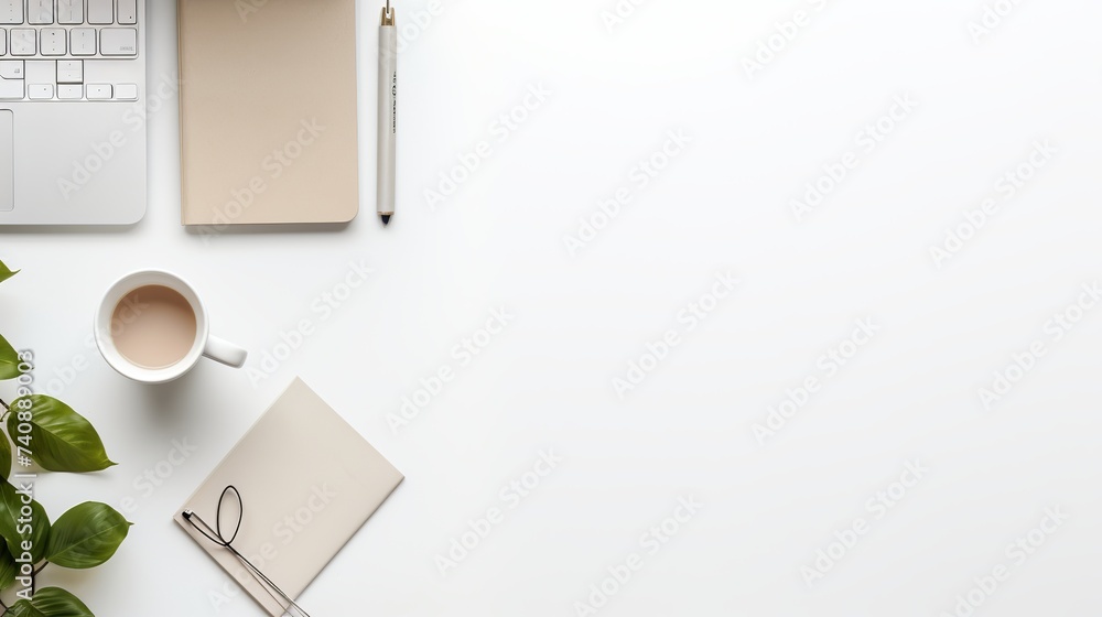 Poster office table with notepad, computer and coffee cup and computer mouse. view from above with copy spa
