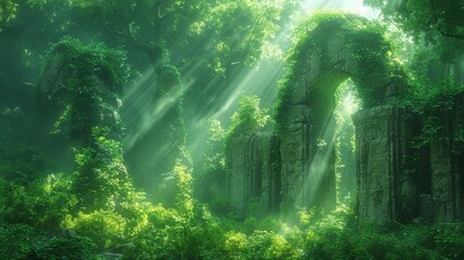 Fantasy forest ethereal creatures hidden technology ancient ruins - obrazy, fototapety, plakaty