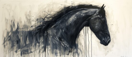 An art piece featuring a black horse with a mane, working animal jaw, and gentle eyelashes, set...