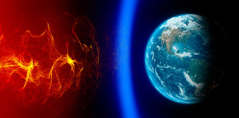 Sun and solar storm, Earth's magnetic field, Earth and solar wind, flow of particles. Rising temperatures. Global warming. Ozone hole. 3d rendering