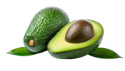 Avocado isolated on a transparent background. Whole and half avocados.
