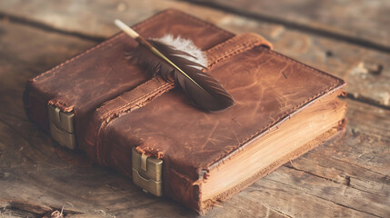 Vintage Leather Bound Book with Feather Quill on Wooden Surface