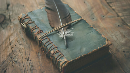 Classic Leather Journal with Feather Pen on Rough Wooden Table
