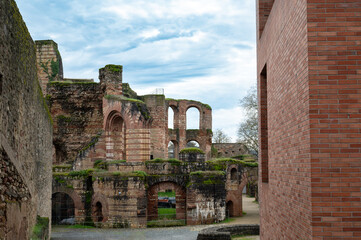 Imperial Baths in the roman city of Trier, ancient ruin Kaiserthermen, Moselle valley, Rhineland palatinate in Germany, UNESCO World Heritage
