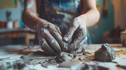 Potter's Hands Molding Clay on Workshop Table