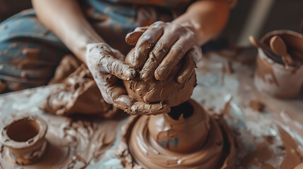 CloseUp of Potter's Hands Shaping Clay on Wheel