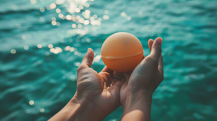 Hands Presenting an Orange Peel Sphere by the Sea