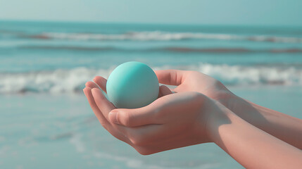 Hands Holding a Blue Ball on a Beach Background