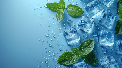 Ice Cubes and Mint Leaves on Blue Background