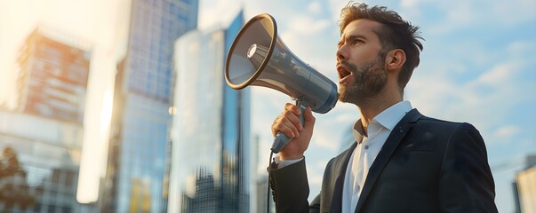 Man in suit using megaphone amid urban cityscape Executing business promotions. Concept Business Promotions, Urban Cityscape, Megaphone, Businessman in Suit - obrazy, fototapety, plakaty