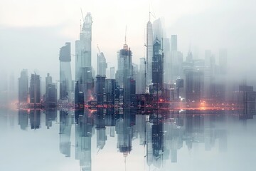 City Skyline With Skyscrapers and Reflections in Water, Futuristic city skyline construction visualized through double exposure, AI Generated