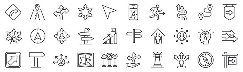 Set of 30 outline icons related to guidance. Linear icon collection. Editable stroke. Vector illustration