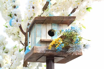 Birdhouse in the garden at easter time. Wooden feeder with flowering tree at springtime. Spring garden decoration. Small house for birds on a flowering tree. Nesting box