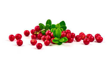Lingonberry with leaves, isolated on white background. High resolution image