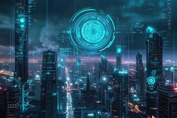 Futuristic Night Cityscape With Illuminated Clock Tower, Futuristic city with all buildings protected by cyber security, AI Generated