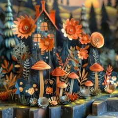 A charming paper craft village set in an autumnal theme, featuring a quaint house, stylized trees, and whimsical floral elements.