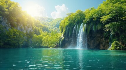 Exotic waterfall and lake panorama landscape of Plitvice Lakes, UNESCO natural world heritage and famous travel destination of Croatia. - obrazy, fototapety, plakaty