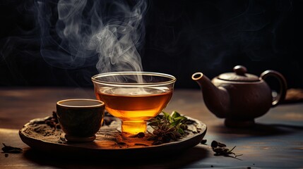 Process brewing tea,tea ceremony,Cup of freshly brewed black tea,warm soft light, darker background - obrazy, fototapety, plakaty