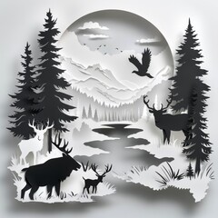 Fototapeta premium This monochrome paper cut scene presents a tranquil landscape with deer grazing, soaring birds, and majestic mountains under a full moon.