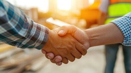construction worker team contractor shaking hand after business meeting to greeting start up project contract in construction site building, successful, partnership, teamwork concept