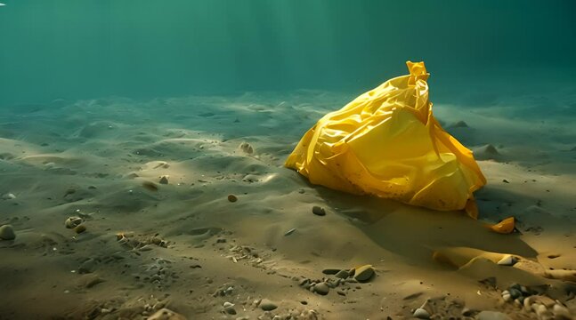 A yellow plastic bag floating in the bottom of the sea 