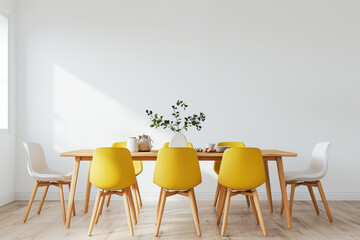 Obraz premium Simplistic dining area with light wood table, yellow chairs, and pendant light.