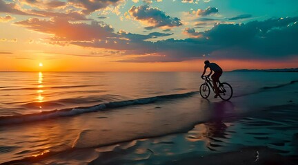 Man  alone cycling in the beach at sunset 