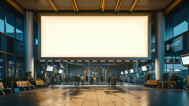 Ads. big mock up of horizontal blank advertising billboard or light box showcase at airport, copy space for your text message or media content, advertisement, commercial and marketing concept