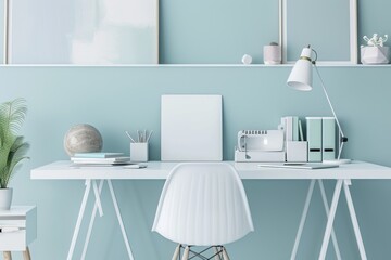 Creative home office with dotted blue wall, pastel accessories, and stylish stationery.
