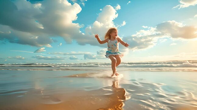 Little girl happily running and playing on the beach in sunny weather 