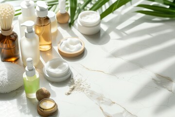A variety of natural skincare products arranged on a marble surface with a green plant.