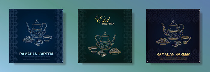Eid Mubarak greeting cards with hand drawn linear golden and silver Arabic kettle, teacup, Muslim rosary praying beads and dates in a bowl as a dish for Iftari. Ramadan kareem green and blue posters