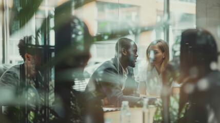 Two professionals are engaged in a focused conversation at a table in a modern office environment, with reflections and foliage adding depth to the scene. - obrazy, fototapety, plakaty