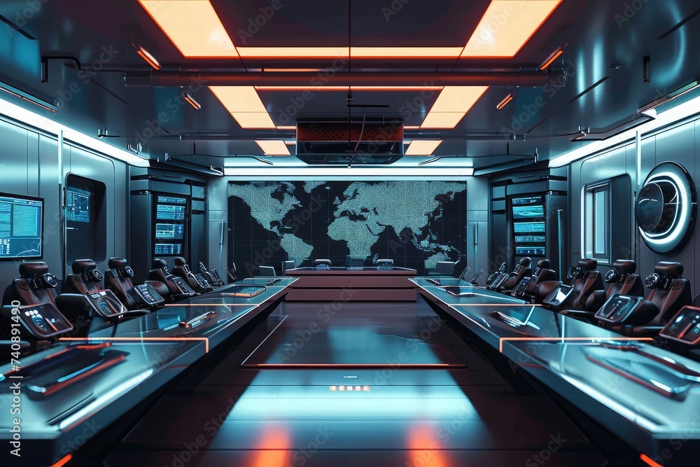 Poster a large room featuring a meticulously crafted map displayed on the wall, futuristic empty classroom 