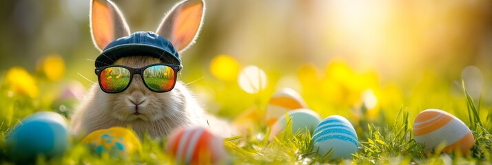 funny Easter bunny with sunglasses and cap sits in the grass with colourful Easter eggs
