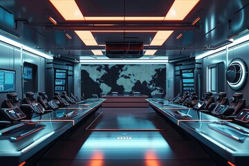 A large room featuring a meticulously crafted map displayed on the wall, Futuristic empty classroom...