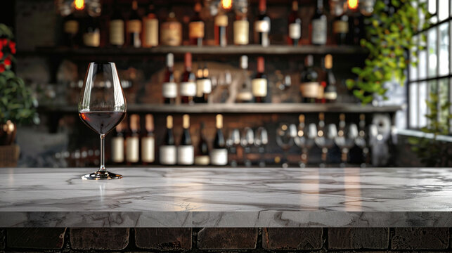 A blank marble tabletop with blurred wine glasses and bottles in the background suitable for showcasing wine or beverage products